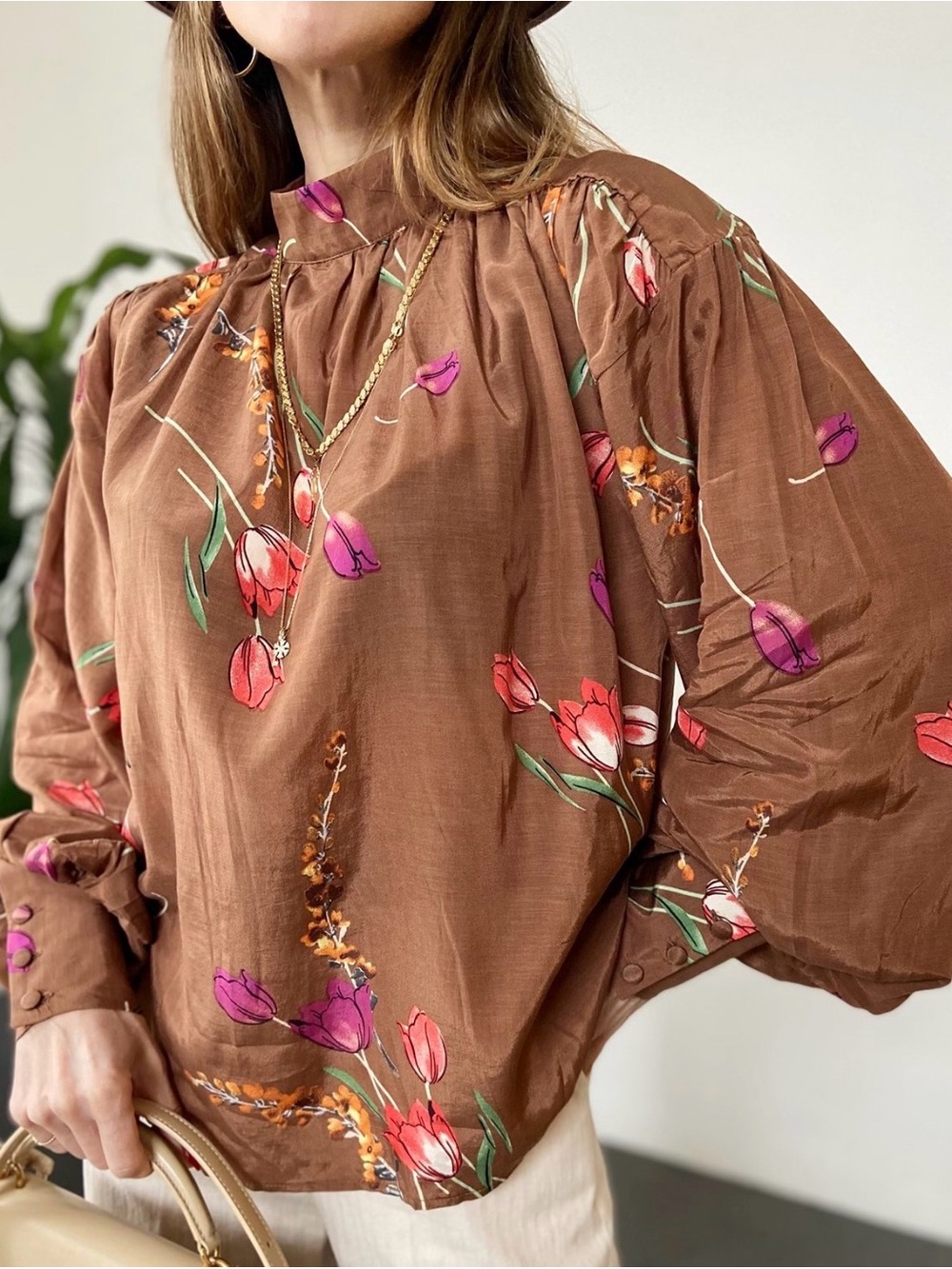 H&M Brown Floral Tulip Fall Balloon Long Sleeve Blouse Women’s Size 14
